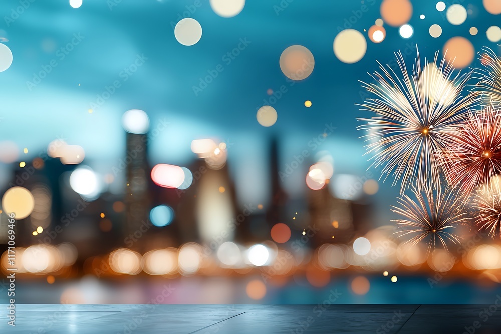 Poster breathtaking fireworks display bursting over a vibrant cityscape with skyscrapers and buildings lit 