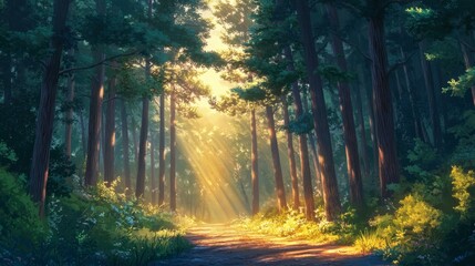 Fototapeta premium Serene Sunlight Streaming Through Lush Forest Pathway in Nature