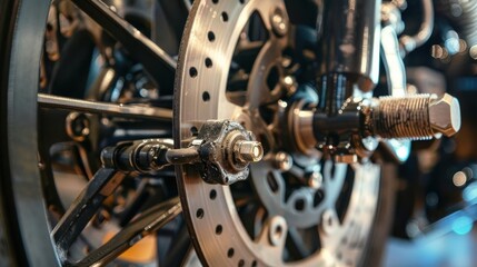 Close-up of a motorcycle wheel and brake system showcasing engineering details.