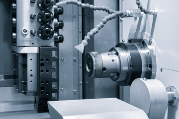 Manufacturing CNC professional lathe machine, Industrial concept.