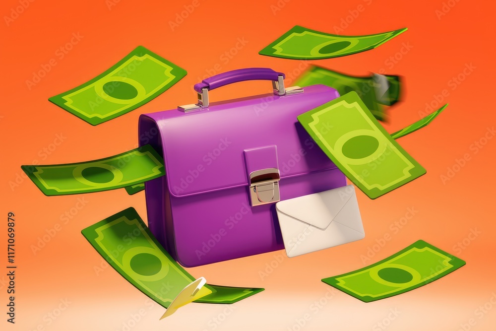 Poster purple briefcase overflowing with money and an envelope, symbolizing financial success and communica