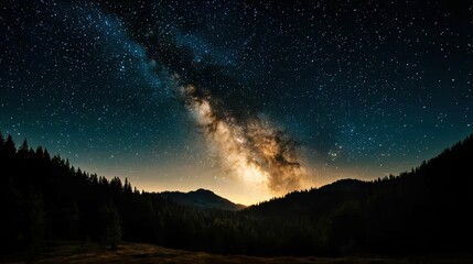 Fototapeta premium Majestic Night Sky Over Mountains with Glittering Stars and Bright Milky Way Galaxy Illuminating Rural Landscape at Dusk