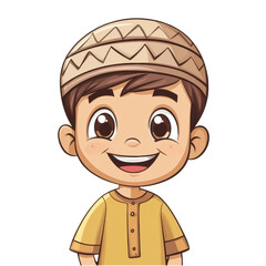 Obraz premium A happy boy wears a tan kufi and thawb.