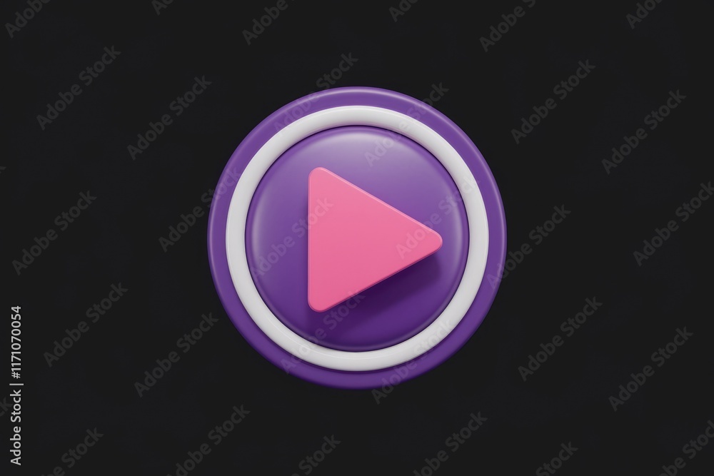 Poster a 3d rendered pink play button inside a purple and white circle on a transparent background.