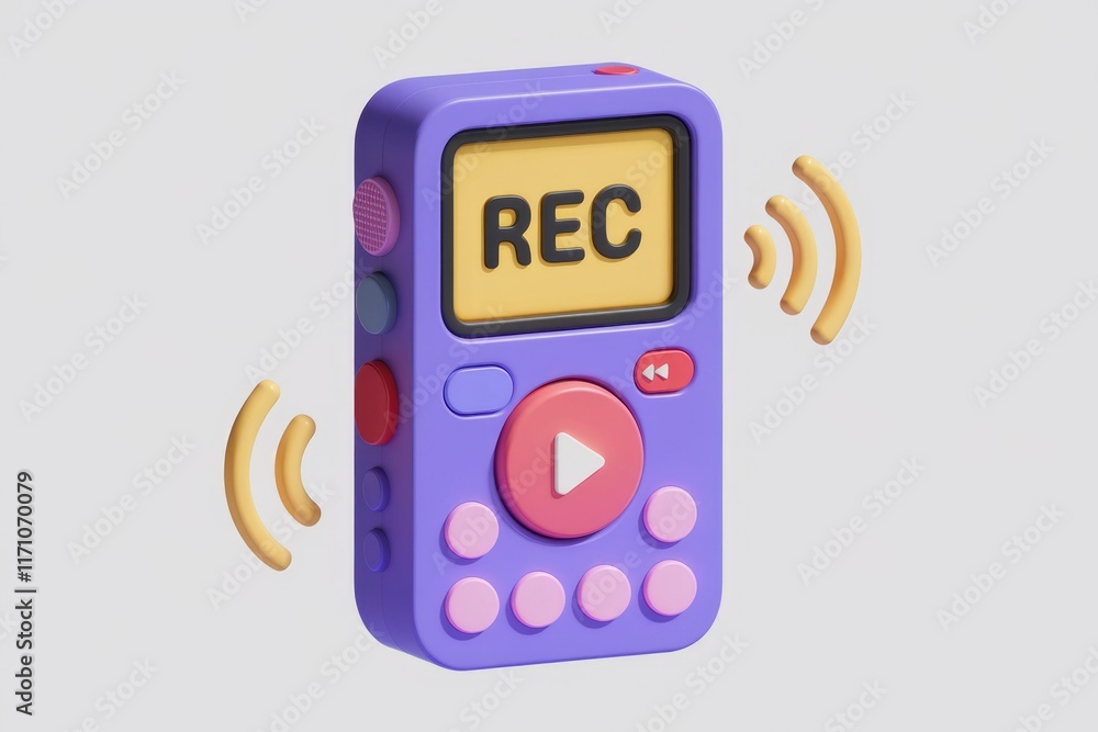 Poster A 3D model of a purple voice recorder with buttons and a play button, indicating recording.