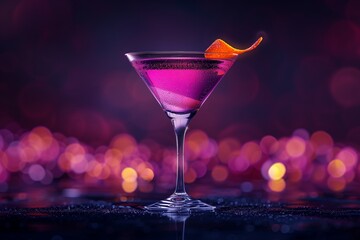 A vibrant cocktail garnished with an orange twist, highlighting a colorful bokeh background for a festive ambiance.