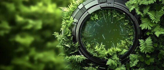 Exploring nature's beauty lush green ferns framing a circular reflection in a tranquil setting