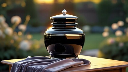 Black and silver ceramic cremation urn on wooden table with garden view