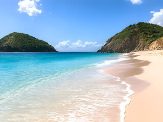 Obraz premium A pristine beach with turquoise water, soft white sand, and gentle waves under a sunny, clear blue sky