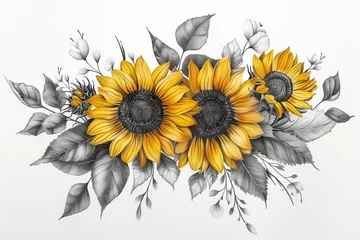Poster de jardin  A vibrant illustration of sunflowers with detailed leaves, showcasing natural beauty in monochrome and yellow tones.  © S photographer