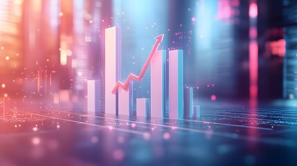 Professional 3D business chart showcases white ascending bars with upward arrow on light blue gradient background, incorporating grid pattern overlay for corporate data visualization