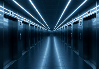 Fototapeta premium Symmetrical Hallway of Elevators in a Modern Building with Futuristic Lighting background