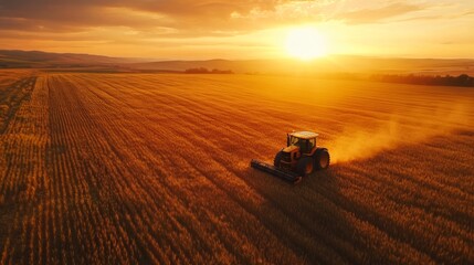 Fototapeta premium Tractor working a field at sunset.