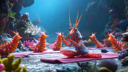Underwater yoga session of colorful sea creatures on coral reef.