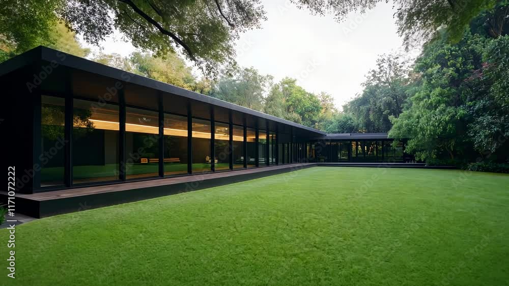 Poster modern architecture highlighted in a serene garden setting with lush greenery and sleek lines