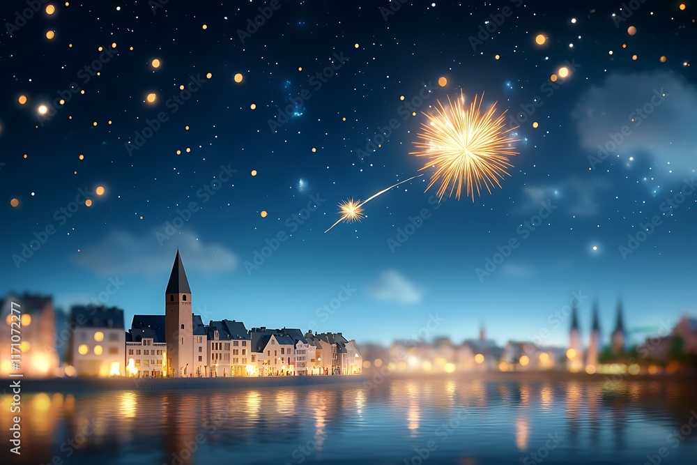 Poster captivating cityscape aglow with a vibrant fireworks display the colorful bursts reflected in the ca