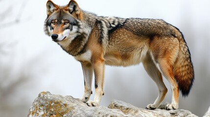 Obraz premium A wolf stands majestically on a rock, showcasing its natural beauty in a serene environment.