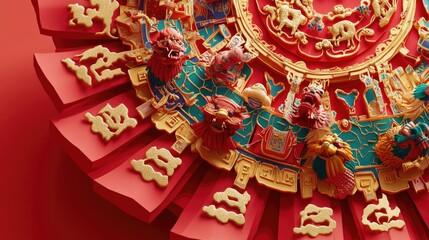Fototapeta premium A vibrant decorative piece featuring intricate designs and animal motifs, symbolizing culture.
