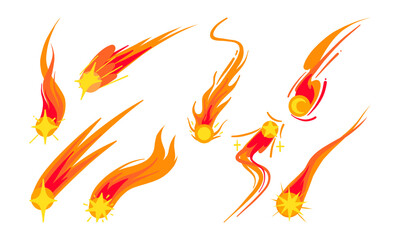 Fiery Comet and Shooting Star Collection. A collection of 8 fiery comets and shooting stars with glowing cores, dynamic flames, and bold celestial designs for cosmic-themed visuals