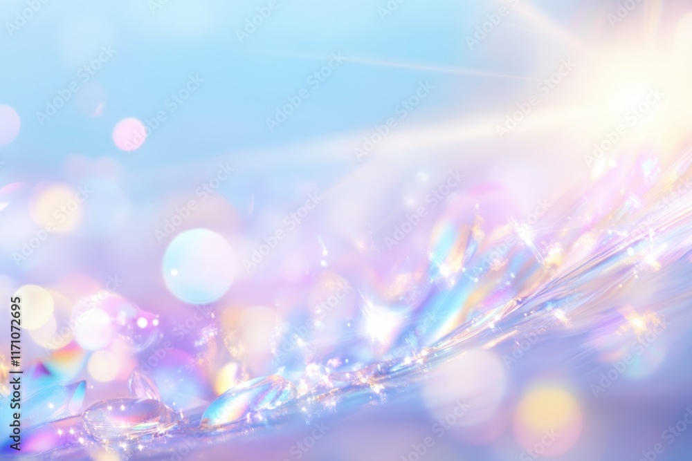 Poster light pastel blue and white background with sparkling bokeh effects, creating dreamy and ethereal at