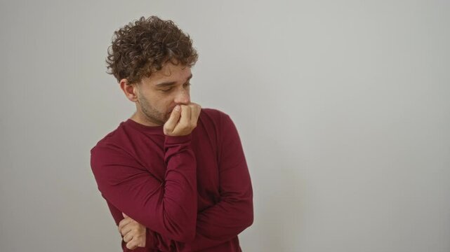 Nervous young hispanic man standing over isolated white background, wearing t-shirt, stress and anxiety evident, biting nails while looking at hands as he faces a problem