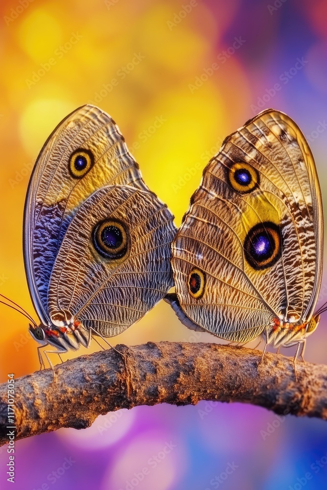 Poster two butterflies perched on a branch, showcasing intricate patterns against a colorful background.