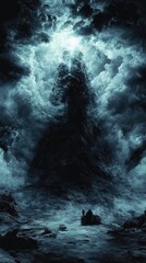 Obraz premium A dark, atmospheric scene with tumultuous clouds and a looming shadowy figure.