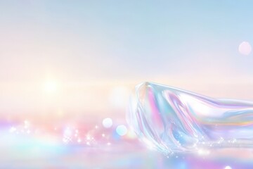 soft, dreamy pastel blue and white background features translucent, iridescent object reflecting light. scene evokes sense of calm and serenity, perfect for creative projects