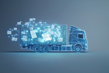 digital truck transporting glowing documents, symbolizing data transfer and logistics. futuristic design highlights innovation in transportation and information flow