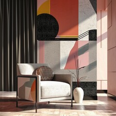 Abstract Geometric Living Room: Suprematism Style Interior Design with Modern Armchair and Bold Shapes