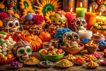 Fototapeta premium Panoramic View of Colorful Day of the Dead Altars with Traditional Mexican Sweets