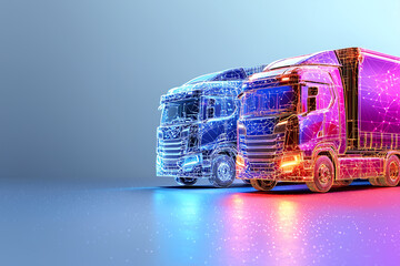 Futuristic trucks in digital wireframe design, symbolizing transportation technology and innovation. vibrant colors enhance modern aesthetic