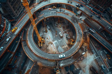 Obraz premium Aerial view of a busy construction site showcasing circular traffic patterns and cranes at work.