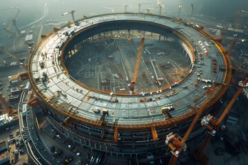 Obraz premium Aerial view of a large construction site featuring a circular structure under development with cranes.