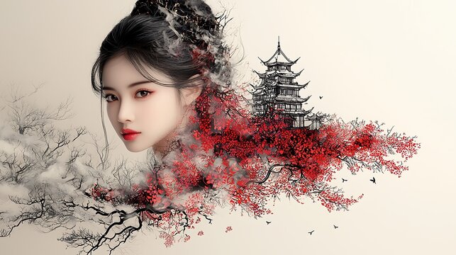 Stunning artistic rendition of ancient Chinese culture in paper-cut style, highlighting an elegant woman with scissors crafting red patterns and iconic cultural symbols in an earthy beige tone. 