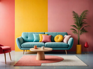 Blue sofa and round pink coffee table against multicolored stucco wall with copy space. Colorful,...