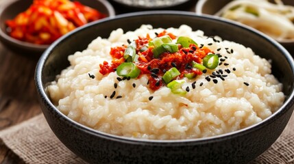 An artistic shot of rice porridge served with a side of traditional condiments, including soy sauce, chili paste, and pickled vegetables, emphasizing a delicious meal.