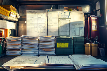 organized workspace featuring stacks of documents, files, and office supplies, creating productive environment for transportation management