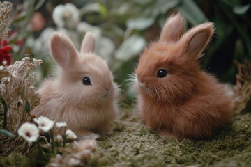 Fototapeta premium Mocha mousse color trend featuring cute bunnies in a natural setting for 2025