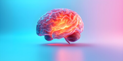 The human brain generates an idea, neon lighting. Brain activity, active thinking. 3D model of the brain on a pink and blue background.