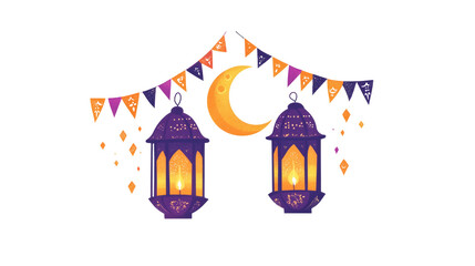 Two lit lanterns flags crescent moon celebrate Ramadan Kareem.
