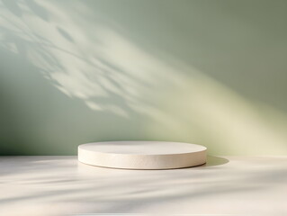 Realistic cylindrical podium in neutral color. Minimal stage against light olive wall. Stage showcase, product mockup.
