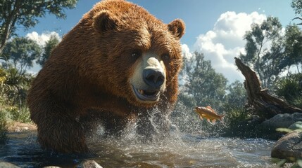 Obraz premium A bear catching a fish in a river, showcasing wildlife and natural beauty.