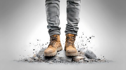 modern hero stance barefoot rock exposure windswept clean narrative design text compatible monochrome simplicity Ultra-Realistic Photo Realistic highly detailed 