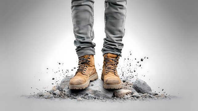 modern hero stance barefoot rock exposure windswept clean narrative design text compatible monochrome simplicity Ultra-Realistic Photo Realistic highly detailed 