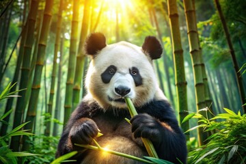 Obraz premium Lush forest backdrop frames an adorable giant panda engrossed in a bamboo feast; HD photo.