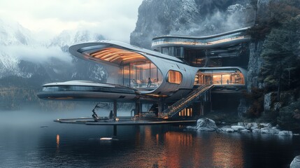 Futuristic Lakeside Mansion Nestled Among Mountains