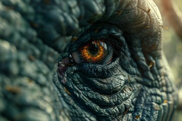 Close-up view of a dinosaur's eye showcasing intricate details and vivid colors in a prehistoric setting.