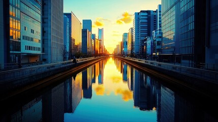 Fototapeta premium Urban skyline reflecting on water at sunset with vibrant colors and modern architecture.