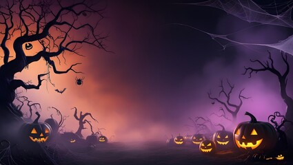 Hauntingly beautiful Halloween background featuring eerie dark tones, mysterious fog, glowing jack-o'-lanterns, and ghostly silhouettes. Perfect for spooky designs, event flyers, and seasonal decor.